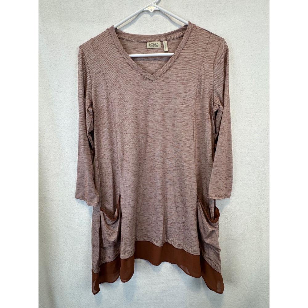 LOGO Lori Goldstein Tunic Top Brown Striped A273347 Sharkbite Hem Pockets S